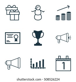 Set Of 9 Universal Editable Icons. Can Be Used For Web, Mobile And App Design. Includes Icons Such As Certificate, Tournament, Coins Growth And More.