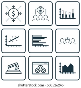 Set Of 9 Universal Editable Icons For Airport, Statistics And Project Management Topics. Includes Icons Such As Collaborative Solution, Segmented Bar Graph, Money And More.