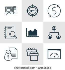 Set Of 9 Universal Editable Icons For Human Resources, Advertising And Statistics Topics. Includes Icons Such As Money Trasnfer, Keyword Marketing, Sequence Graphics And More.