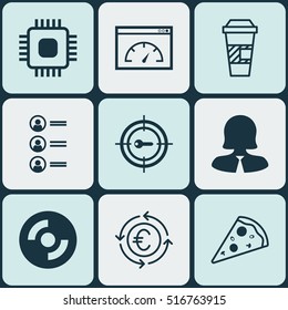Set Of 9 Universal Editable Icons. Can Be Used For Web, Mobile And App Design. Includes Icons Such As Loading Speed, Business Woman, Currency Recycle And More.