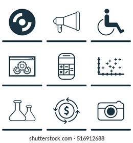 Set Of 9 Universal Editable Icons. Can Be Used For Web, Mobile And App Design. Includes Icons Such As Chemical, Calculation, Street And More.