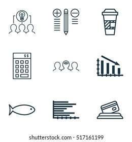 Set Of 9 Universal Editable Icons. Can Be Used For Web, Mobile And App Design. Includes Icons Such As Bars Chart, Takeaway Coffee, Coaching And More.