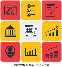 Set Of 9 Universal Editable Icons. Can Be Used For Web, Mobile And App Design. Includes Elements Such As Coins Growth, Pin Employee, Schedule And More.