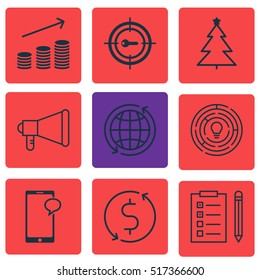 Set Of 9 Universal Editable Icons. Includes Icons Such As Decorated Tree, Keyword Marketing, World And More