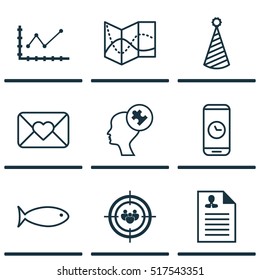 Set Of 9 Universal Editable Icons. Can Be Used For Web, Mobile And App Design. Includes Icons Such As Curriculum Vitae, Road Map, Call Duration And More.