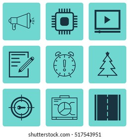 Set Of 9 Universal Editable Icons. Can Be Used For Web, Mobile And App Design. Includes Icons Such As Media Campaign, Keyword Marketing, Photo Camera And More.