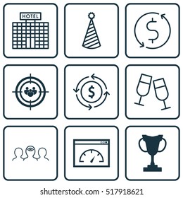 Set Of 9 Universal Editable Icons. Can Be Used For Web, Mobile And App Design. Includes Icons Such As Champagne Glasses, Focus Group, Coaching And More.