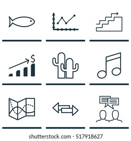 Set Of 9 Universal Editable Icons. Can Be Used For Web, Mobile And App Design. Includes Icons Such As Growth, Crotchets, Road Map And More.