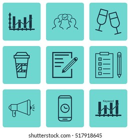 Set Of 9 Universal Editable Icons. Can Be Used For Web, Mobile And App Design. Includes Icons Such As Media Campaign, Champagne Glasses, Takeaway Coffee And More.