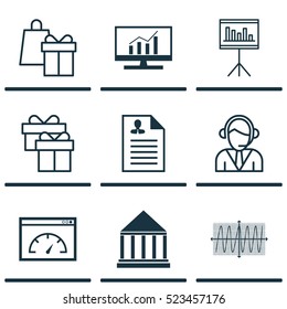 Set Of 9 Universal Editable Icons. Can Be Used For Web, Mobile And App Design. Includes Elements Such As Market Research, Shopping, Operator And More.