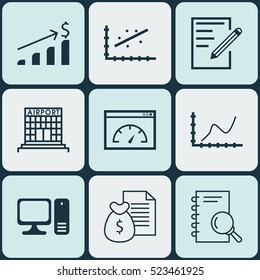 Set Of 9 Universal Editable Icons. Can Be Used For Web, Mobile And App Design. Includes Elements Such As Analytics, Report, Achievement Graph And More.