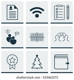 Set Of 9 Universal Editable Icons. Can Be Used For Web, Mobile And App Design. Includes Elements Such As Present Badge, Decorated Tree, Female Application And More.