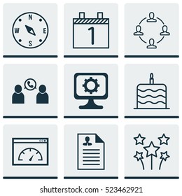Set Of 9 Universal Editable Icons. Can Be Used For Web, Mobile And App Design. Includes Elements Such As Agenda, Loading Speed, Festive Fireworks And More.
