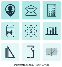 Set Of 9 Universal Editable Icons. Can Be Used For Web, Mobile And App Design. Includes Elements Such As Messaging, Keyword Optimisation, Line Grid And More.