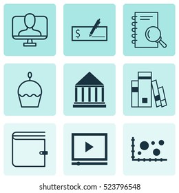 Set Of 9 Universal Editable Icons. Can Be Used For Web, Mobile And App Design. Includes Elements Such As Library, Analysis, Birthday Cake And More.
