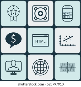 Set Of 9 Universal Editable Icons. Can Be Used For Web, Mobile And App Design. Includes Elements Such As World, Music, Cosinus Diagram And More.