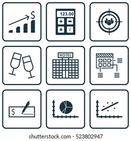 Set Of 9 Universal Editable Icons. Can Be Used For Web, Mobile And App Design. Includes Elements Such As Champagne Glasses, Analytics, Successful Investment And More.