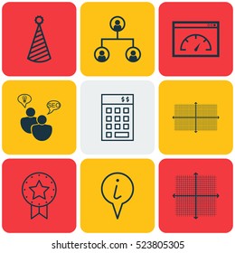 Set Of 9 Universal Editable Icons. Can Be Used For Web, Mobile And App Design. Includes Elements Such As Square Diagram, Tree Structure, Present Badge And More.