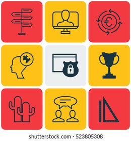 Set Of 9 Universal Editable Icons. Can Be Used For Web, Mobile And App Design. Includes Elements Such As Measurement, Currency Recycle, Dialogue And More.