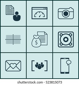 Set Of 9 Universal Editable Icons. Can Be Used For Web, Mobile And App Design. Includes Elements Such As Celebration Letter, Loading Speed, Music And More.