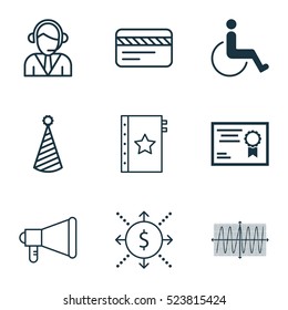 Set Of 9 Universal Editable Icons. Can Be Used For Web, Mobile And App Design. Includes Elements Such As Money, Certificate, Birthday Hat And More.