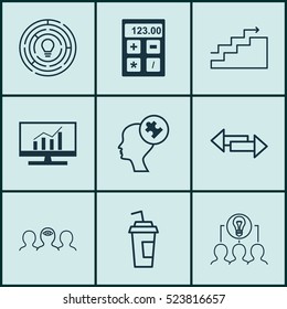 Set Of 9 Universal Editable Icons. Can Be Used For Web, Mobile And App Design. Includes Elements Such As Human Mind, Crossroad, Drink Cup And More.