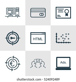 Set Of 9 Universal Editable Icons. Can Be Used For Web, Mobile And App Design. Includes Elements Such As Plastic Card, Keyword Marketing, Currency Recycle And More.
