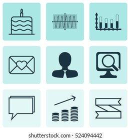 Set Of 9 Universal Editable Icons. Can Be Used For Web, Mobile And App Design. Includes Elements Such As Sinus Graph, Conference, Segmented Bar Graph And More.