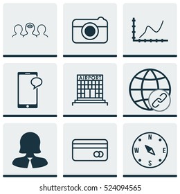 Set Of 9 Universal Editable Icons. Can Be Used For Web, Mobile And App Design. Includes Elements Such As Connectivity, Business Woman, Locate And More.
