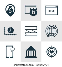 Set Of 9 Universal Editable Icons. Can Be Used For Web, Mobile And App Design. Includes Elements Such As Money Navigation, Blank Ribbon, Security And More.