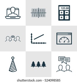 Set Of 9 Universal Editable Icons. Can Be Used For Web, Mobile And App Design. Includes Elements Such As Discussion, Social Profile, Line Graph And More.