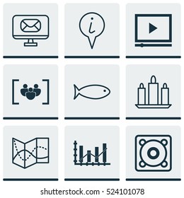 Set Of 9 Universal Editable Icons. Can Be Used For Web, Mobile And App Design. Includes Elements Such As Video Player, Wax, Fishing And More.