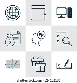 Set Of 9 Universal Editable Icons. Can Be Used For Web, Mobile And App Design. Includes Elements Such As Human Mind, Wallet, World And More.