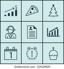Set Of 9 Universal Editable Icons. Can Be Used For Web, Mobile And App Design. Includes Elements Such As Time Management, Decorated Tree, Agenda And More.