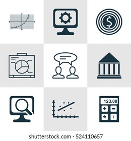Set Of 9 Universal Editable Icons. Can Be Used For Web, Mobile And App Design. Includes Elements Such As Laptop, Line Grid, Business Goal And More.