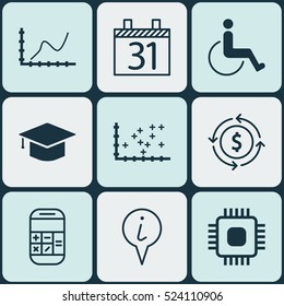 Set Of 9 Universal Editable Icons. Can Be Used For Web, Mobile And App Design. Includes Elements Such As Plot Diagram, Graduation, Info Pointer And More.