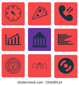 Set Of 9 Universal Editable Icons. Can Be Used For Web, Mobile And App Design. Includes Elements Such As Sliced Pizza, Bars Chart, Coaching And More.