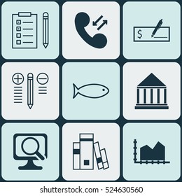 Set Of 9 Universal Editable Icons. Can Be Used For Web, Mobile And App Design. Includes Elements Such As Sequence Graphics, Library, Laptop And More.
