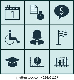 Set Of 9 Universal Editable Icons. Can Be Used For Web, Mobile And App Design. Includes Elements Such As Report, Pin, Agenda And More.