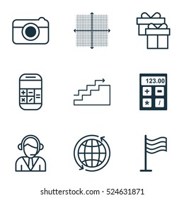 Set Of 9 Universal Editable Icons. Can Be Used For Web, Mobile And App Design. Includes Elements Such As Growth, Street, Operator And More.
