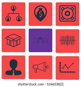Set Of 9 Universal Editable Icons. Can Be Used For Web, Mobile And App Design. Includes Elements Such As Money Navigation, Music, Tree Structure And More.