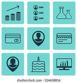 Set Of 9 Universal Editable Icons. Can Be Used For Web, Mobile And App Design. Includes Elements Such As Plastic Card, Employee Location, Celebration Cake And More.