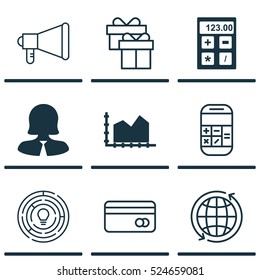 Set Of 9 Universal Editable Icons. Can Be Used For Web, Mobile And App Design. Includes Elements Such As Sequence Graphics, Announcement, World And More.
