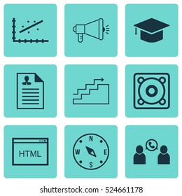 Set Of 9 Universal Editable Icons. Can Be Used For Web, Mobile And App Design. Includes Elements Such As Music, Media Campaign, Locate And More.