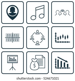 Set Of 9 Universal Editable Icons. Can Be Used For Web, Mobile And App Design. Includes Elements Such As Presentation, Stock Market, Collaboration And More.