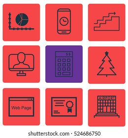 Set Of 9 Universal Editable Icons. Can Be Used For Web, Mobile And App Design. Includes Elements Such As Certificate, Call Duration, Airport Construction And More.