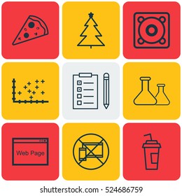 Set Of 9 Universal Editable Icons. Can Be Used For Web, Mobile And App Design. Includes Elements Such As Drink Cup, Decorated Tree, Plot Diagram And More.