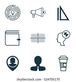 Set Of 9 Universal Editable Icons. Can Be Used For Web, Mobile And App Design. Includes Elements Such As Human Mind, Pin Employee, Manager And More.