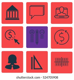 Set Of 9 Universal Editable Icons. Can Be Used For Web, Mobile And App Design. Includes Elements Such As Money Trasnfer, Social Profile, Conference And More.