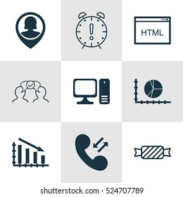 Set Of 9 Universal Editable Icons. Can Be Used For Web, Mobile And App Design. Includes Elements Such As Desktop Computer, Cooperation, Circle Graph And More.